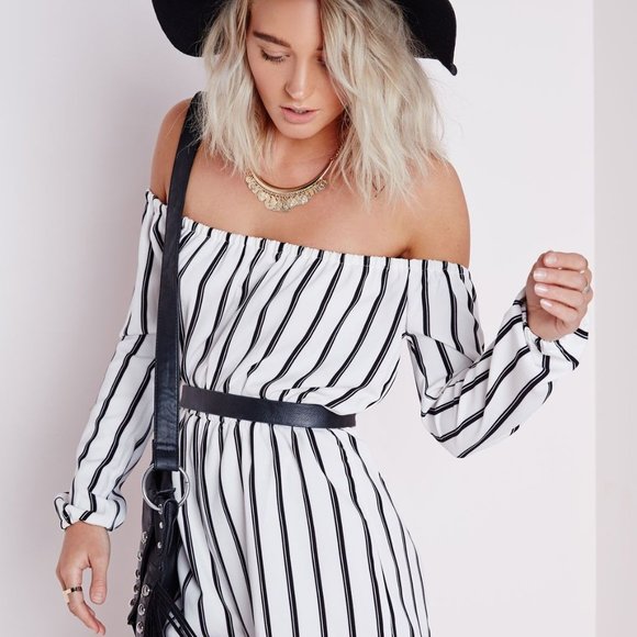 Striped bardot playsuit (White/Black) - Picture 1 of 3